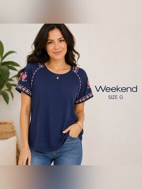 Weekend Embroidered Floral Sleeve Navy Blue Short Sleeve Top Size G/L